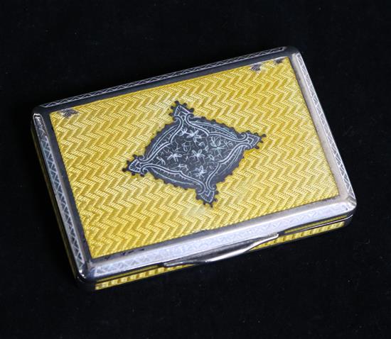 A mid 20th century Austrian 900 standard silver and yellow enamel rectangular snuff box, 80mm.